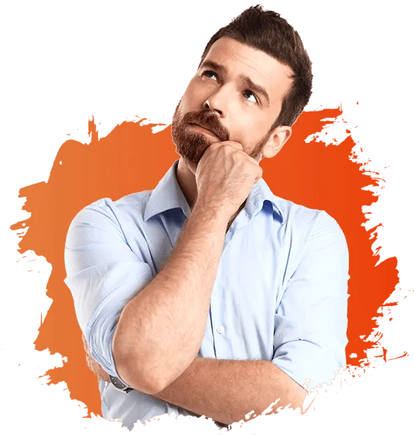 A man in a alice blue shirt with a thinking expression